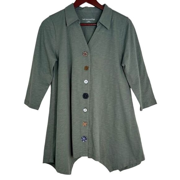 Soft Surroundings Womens Sage Green Boho Button Front Tunic Top Casual Cotton - Picture 1 of 9